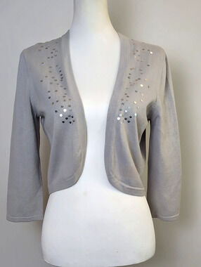 NWT LOFT Ann Taylor Gray Sequin Cropped Cardigan Shrug Sweater MEDIUM